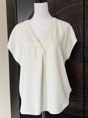Ann Taylor Petite Large Blouse Cream V-Neck Short Sleeve Work Top LP